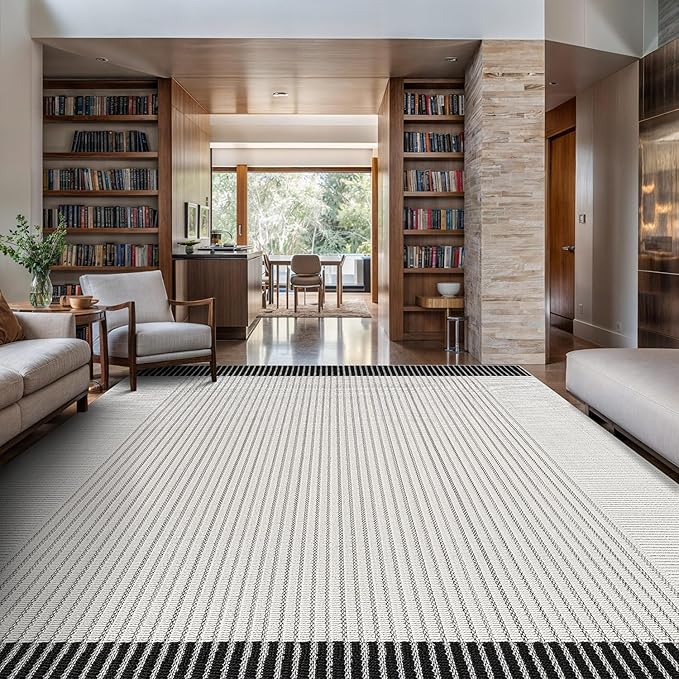 Modern Micro Loop Indoor Area Rugs for Living Room Bedroom Kitchen Geometric Striped Black-White 8x10 Luxury Durable Low and High Pile Non-Shedding Stain Resistant Soft Area Carpet 8 x 10