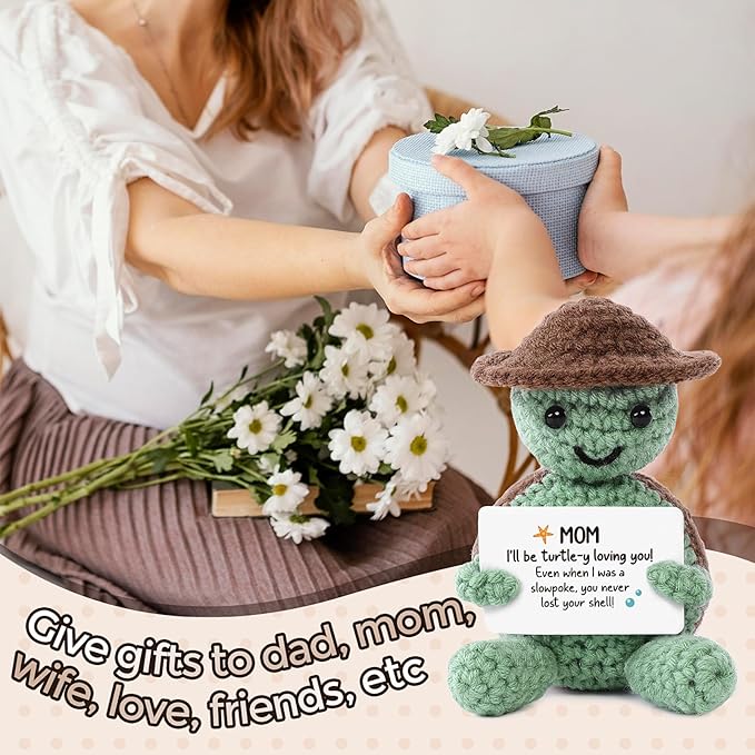 Valentines Turtle Gifts For Mom, Handmade Crochet Emotional Support Animal Gift for Mom, Women, Mother in Law, Cute Mini Sea Turtle Decor,Birthday Gifts, Positive Thoughtful Present(3.74" X 2.56")