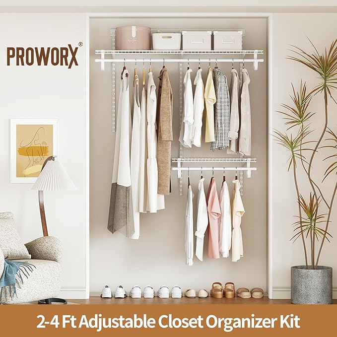 2-4 Ft. Expandable Closet Organizer System Kit, White Custom Metal Wire Shelving, Organization and Storage Shelves Wall Mounted with Hanging Rods