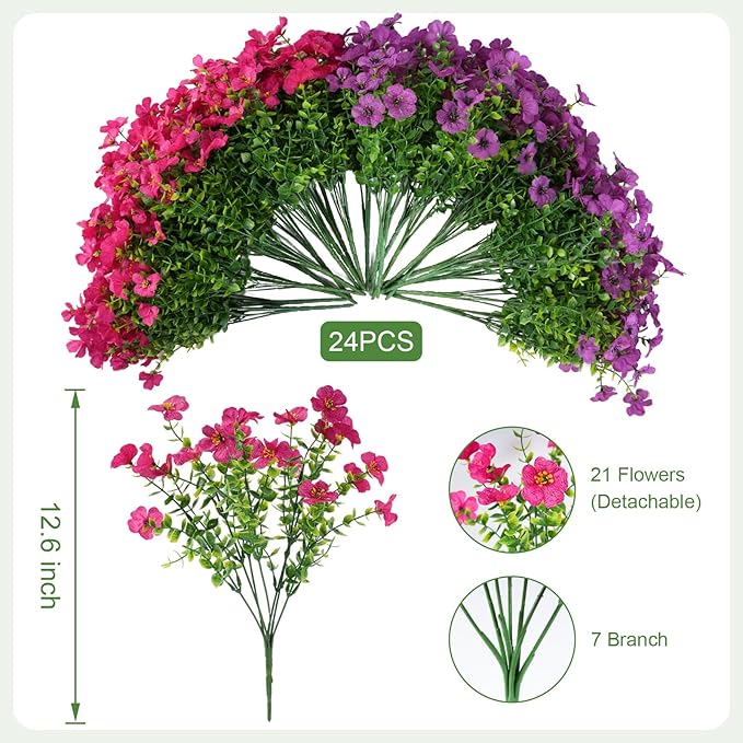 24 Bundles Artificial Flowers for Outdoor Realistic Faux Flower Spring Summer Garden Home Decoration,Hanging Daisy with Eucalyptus Leaves Fake Plants Greenery Balcony Porch Patio Front Door Decor