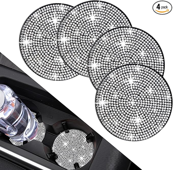 COCASES 4 Pack Bling Car Coasters, Car Cup Holder Coaster, Rhinestone Coaster for Cup Holders, Silicone Car Coasters for Women Car Interior Accessories (2.75'' White Crystal Circle)