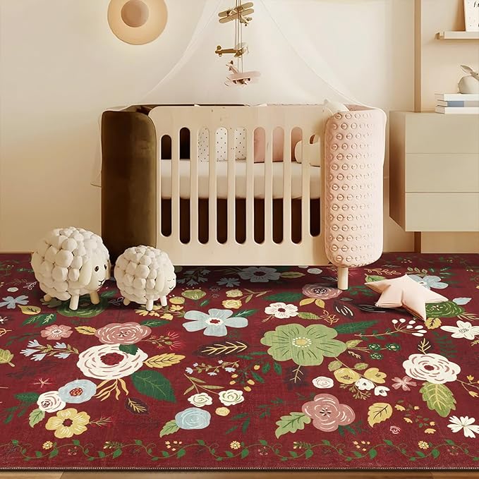 U'Artlines 5x7ft Red Christmas Area Rug, Colorful Floral Boho Rug Machine Washable Ultra Soft Low Pile Non Slip Non Shedding Accent Floor Carpet for Living Room, Bedroom, Dining Room,Farmhouse,Office