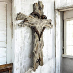 Rustic Wood-Look Resin Wall Cross with Barbed Wire & Nail Heart Accents – 11 ½” Christian Farmhouse Wall Décor, Inspirational Religious Gift (Whitewash)