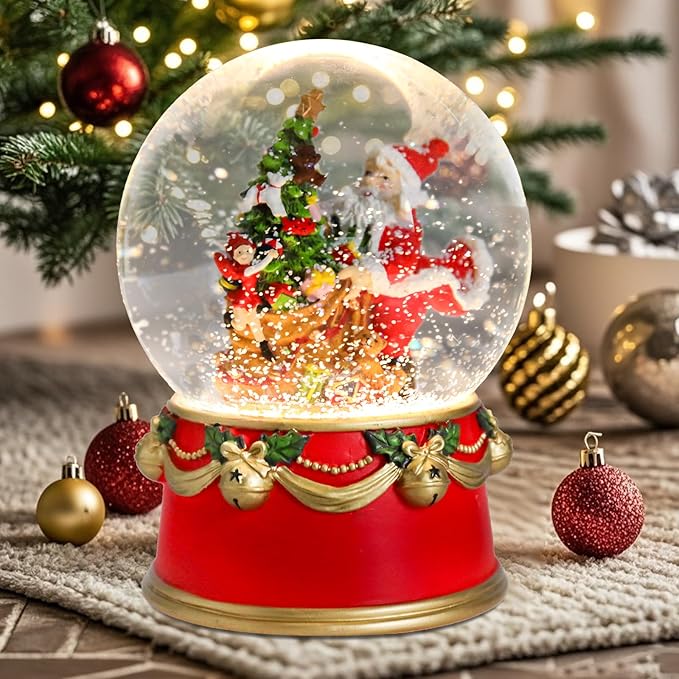 Christmas Snow Globe Musical Santa Claus with Presents Xmas Tree Red Water Snow Globes LED Light Change Music Box Home Christmas Decor for Kids Santa Snow Globes