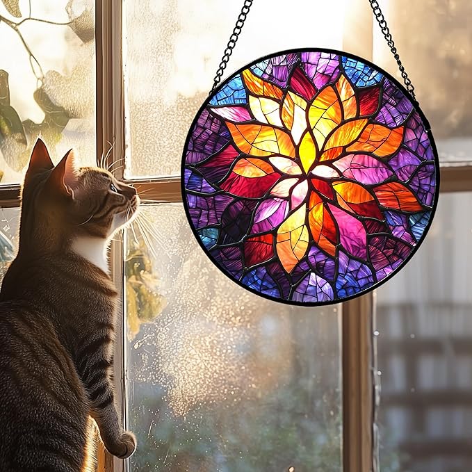 Stained Glass Window Hanging, Fuchsia Abstract Flowers Suncatcher for Window Home Decor Orange Sun Catcher Mother's Day Birthday Gifts for Women Men Mom Nana 7.8 in