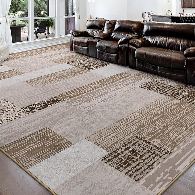 FlyDOIT Modern Geometric Patchwork Area Rug, 6x9 Beige Large Rugs for Living Room, Rockwood Collection Indoor Rugs for Bedroom, Throw Carpet Floor Decor for Entryway Dining Room Office Nursery