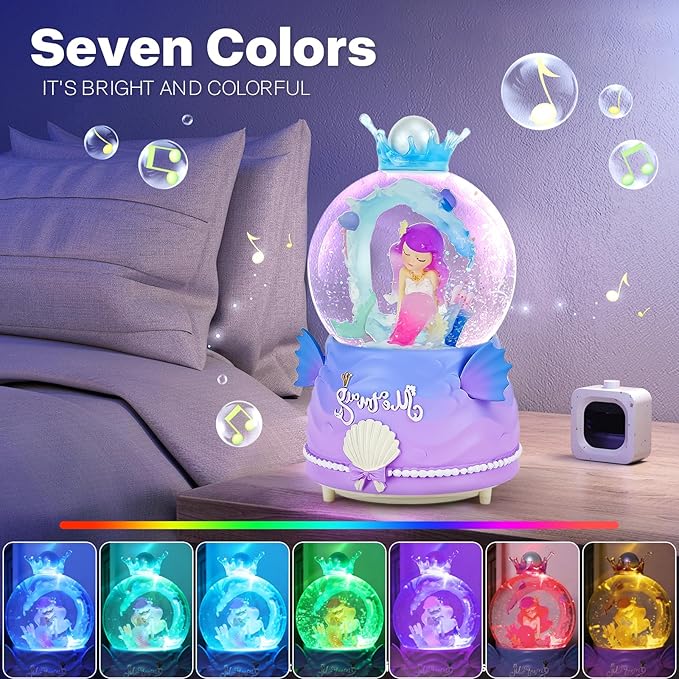 BREIS Snow Globe,100MM Mermaid Snow Globes Automatic Snowflakes with Music Boxes LED Lights,Home Decor Birthday Christmas Valentines Gifts for Girls Kids Girlfriend Women