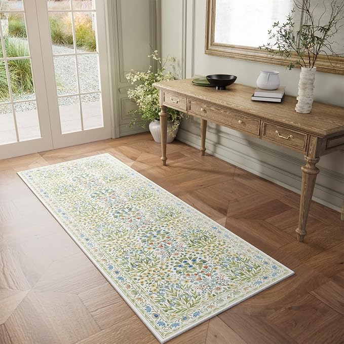 Non-Slip Bathroom Runner Rug 2x6 Feet, Washable Long Kitchen Hallway Laundry Mat, Beige Green Vintage Floral Design
