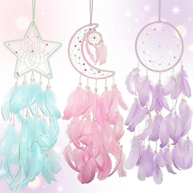 3PCS/LOT Star Moon Sun Shape Dream Catcher Home Decoration, and Baby Kids Room Accessory - Dream Catcher with Feather Decoration - Unique Home Craft Wall Pendant (Mix Color)