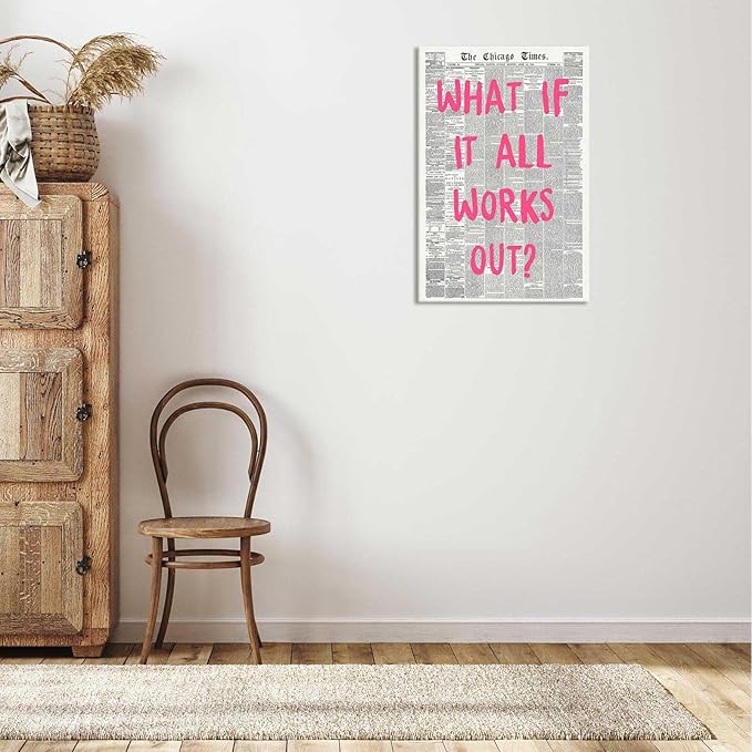 Drimiler What If It All Works Out Poster Retro Newspaper Pink Font Canvas Wall Art Positive Affirming Quote Minimalist Prints Painting For Home Bedroom Dorm Wall Decor 12x16in Wframed