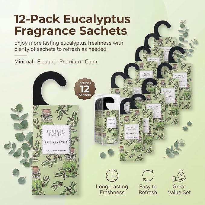 ROSE COTTAGE Large 12 Packs Eucalyptus Hanging Closet Deodorizer Air Freshener Long Lasting Scented Sachets Smell Goods for House