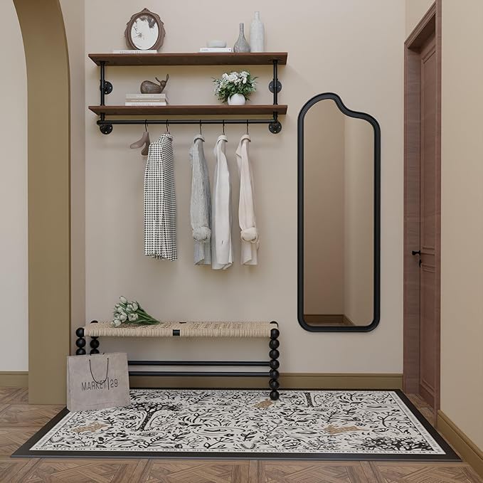Clothes Rack 36in, 2 Tier Wall Mounted Garment Rack with Real Wood Shelf, Heavy Duty Hanging Clothes Rack, Multi-Purpose Hanging Rod, Space-Saving Closet Storage