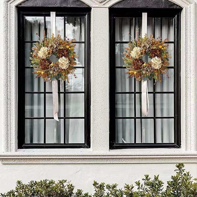 WANNA-CUL 24 Inch Fall Spring Wreaths for Front Door with Hydrangea,Little Pumpkins-Fall Decorations for Home,Fall Door Wreath Decor for Summer,Autumn,Harvest, Halloween or Thanksgiving
