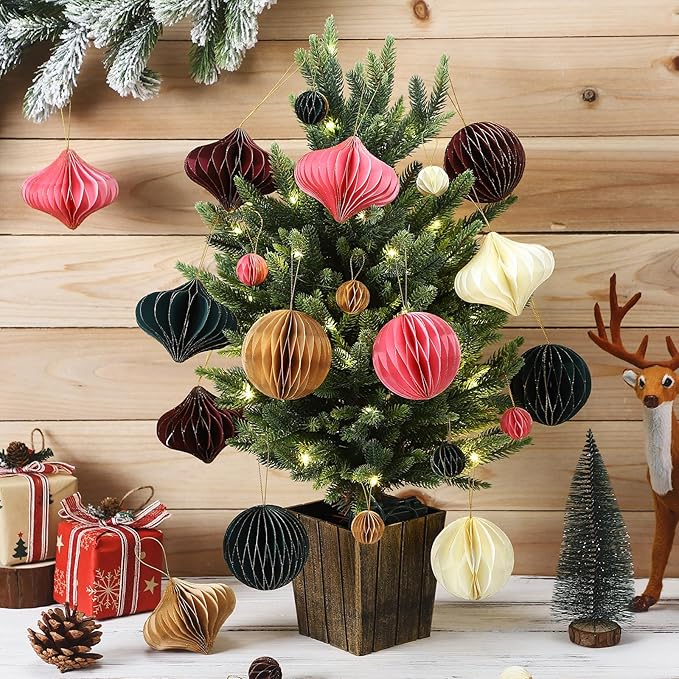 TecUnite 50 Pcs Christmas Paper Honeycomb Ornaments for Tree Vintage 3D Mini Glitter Edge Paper Christmas Ornament Honeycomb Tree Hanging Neutral Boho Holiday Xmas Party Decoration(Boho)