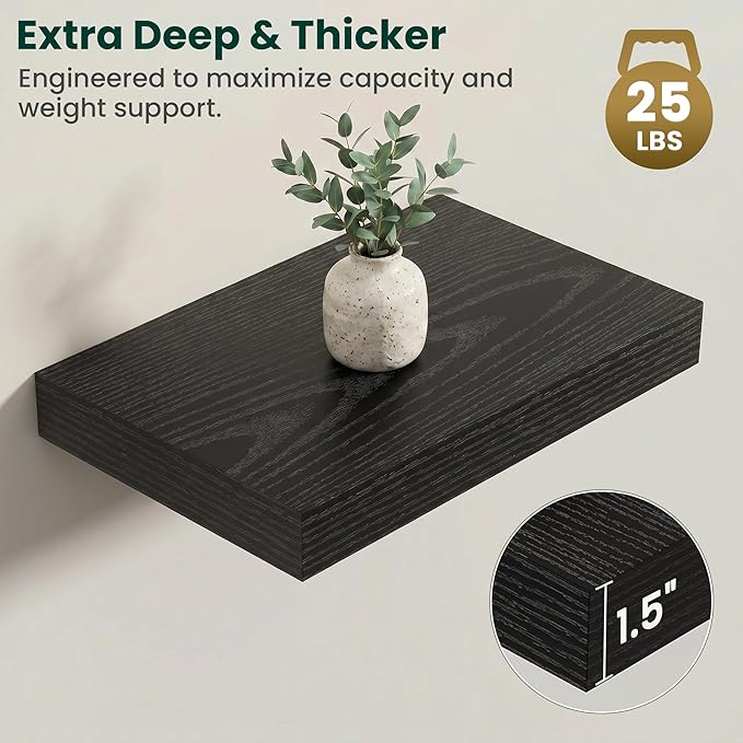 Floating Shelves for Wall 16 in x 9.3 in Deep, Wall Mounted Rustic Wood Shelf with Invisible Brackets for Storage & Display, Living Room Bedroom Bathroom, Black, 2 Pack