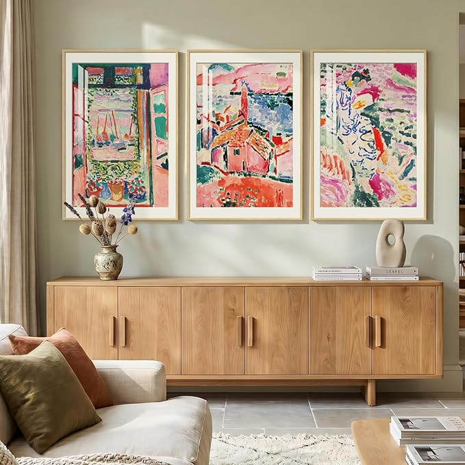 Large Framed Matisse Wall Art for Living Room, Set of 3 Colorful Abstract Landscape Wall Painting Prints, Vintage Retro Aesthetic Wall Decor for Dining Room Bedroom Office Hallway 24x36 Inch
