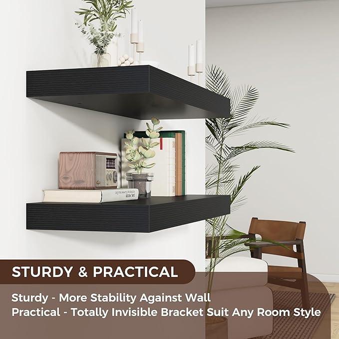 Venusmiles Floating Shelves for Wall, 30" W x 12" D x 2" H, 2 Pack of Long Wall Mounted Engineered Wood Shelves with Invisible Brackets for Living Room, Bedroom, Bathroom, Kitchen Decor, Black