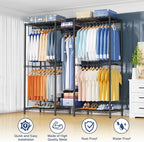 Ulif E12 Clothes Rack，Heavy Duty Freestanding Garment Rack with Shelves，Metal Clothing Closet Storage System for Hanging Clothes，57.1" W x 16" D x 76.5" H, Hold 860 lbs，Black