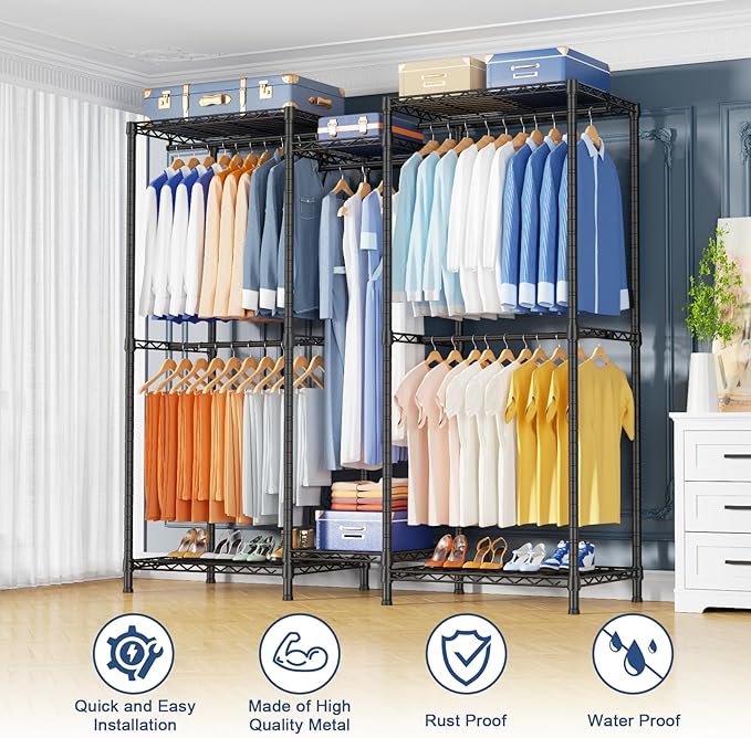 Ulif E12 Clothes Rack，Heavy Duty Freestanding Garment Rack with Shelves，Metal Clothing Closet Storage System for Hanging Clothes，57.1" W x 16" D x 76.5" H, Hold 860 lbs，Black