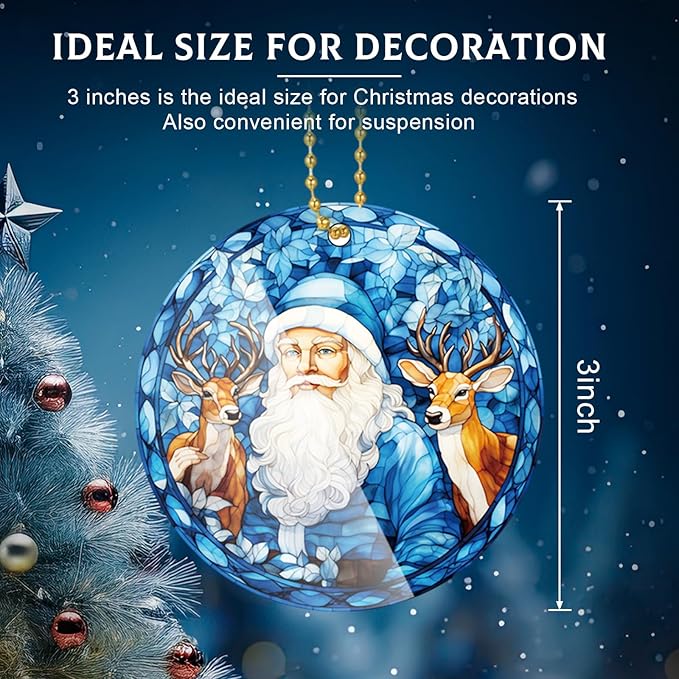 Vercraft 6 Pcs Winter Hanging Ornament Snowman Glass Style Christmas Tree Decoration Xmas Round Window Hanging Art Santa Claus Acrylic Ornament Deer Christmas Decorations