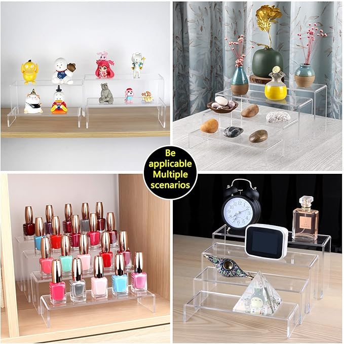 ELEGANTLIFE Acrylic Display Risers Set of 4, 4-Level Tiered Display Stands for Cupcakes, Small Figures & Jewelry, Compact Countertop Display Shelf, Multiple Colors Available (Clear)