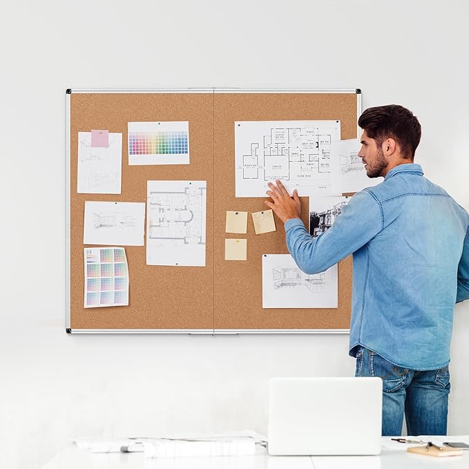 Extra Large Cork Bulletin Board 48" X 48", Foldable Notice Pin Board for Wall, Silver Aluminum Framed 4'x4' Corkboard, Wall Mounted Noticeboard with 36 Push Pins for School, Home & Office