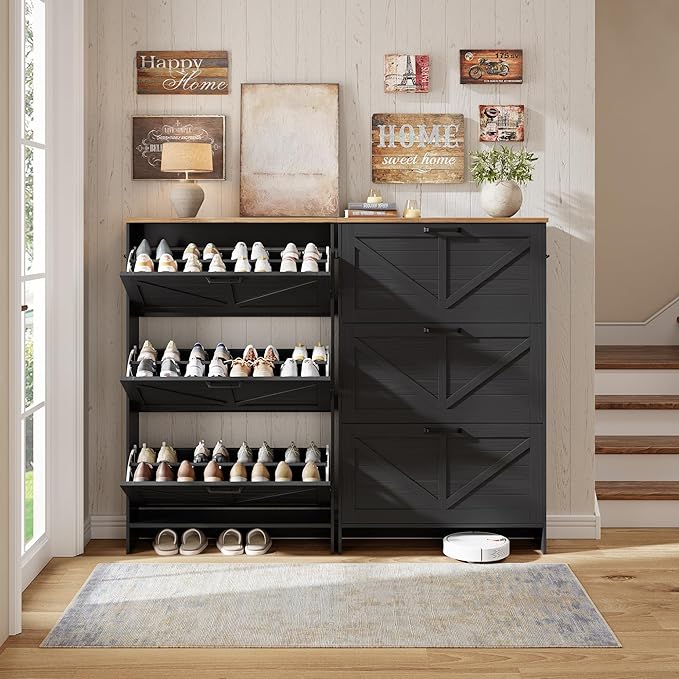 Nicetree Barn Door Shoe Cabinet for Entryway - Modern Farmhouse Shoe Storage Cabinet with 3 Flip Drawers - Slim Hidden Shoe Organizer, 3-Position Adjustable Divider, Fits Size 13, Brushed Black