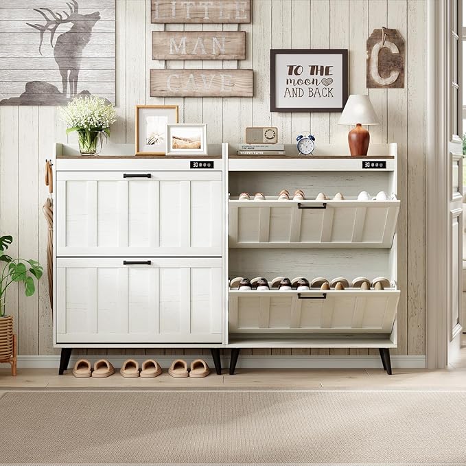 ChooChoo Shoe Storage Cabinet with 2 Flip Drawers, Deodorizing Shoe Organizer Storage for Entryway, Freestanding Hidden Slim Narrow Shoe Rack Cabinet, Antique White & Brown