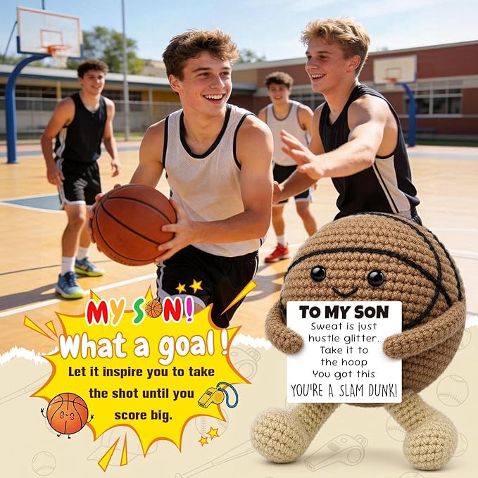 Inspirational Graduation Gifts for Son 2026 from Mom Dad, Handcrafted Crochet Basketball Keepsake, Basketball Gifts for Teen Boys Adult Bonus Son, Motivational Sports Desk Room Decor Accessories