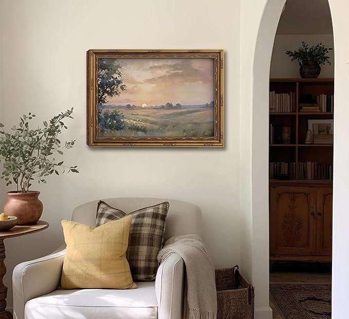 Vintage Gold Framed Wall Art Retro Fall Sunset Country Oil Painting Canvas Prints Watercolor Autumn Landscape Picture Rustic Farmhouse Soft Nature Poster Artwork for Living Room Bedroom, 16x24in