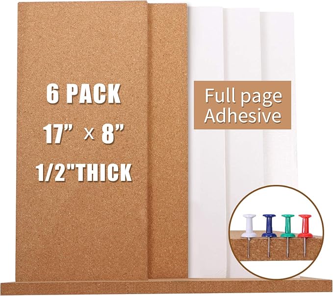 Cork Bulletin Board 17"x8" - 1/2" Thick Cork Board Tiles Frameless Cork Tiles, Self-Adhesive Corkboards Wall Decor with a Box Bonus Pushpins (6pack) for Office, School and Home