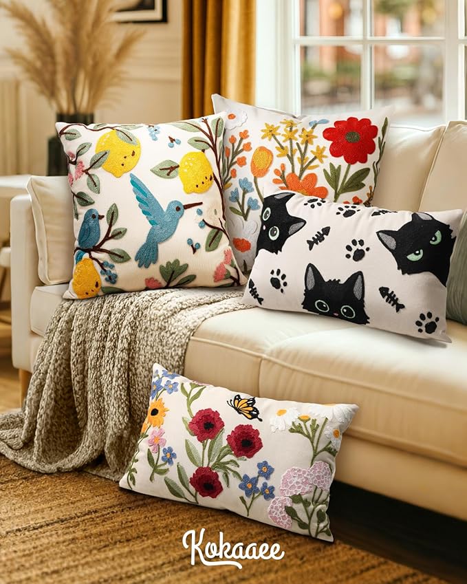 Embroidered Lumbar Pillow Cover 20x12 Inch - Spring Summer Boho Decorative Pillow Cover with Zipper for Living Room Couch Sofa Bed Aesthetic Design Cat Bone Cushion Pillowcase