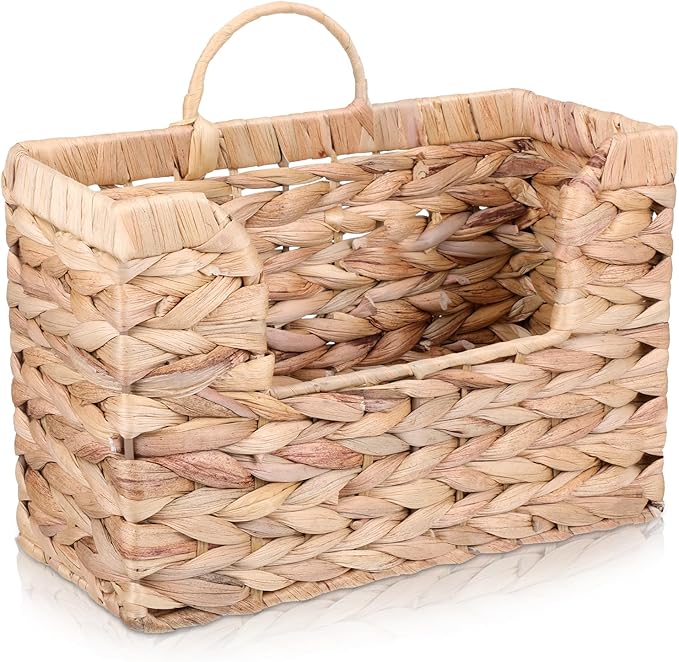 Woven Hanging Magazine Holder Water Hyacinth Magazine Basket Wall Mounted Woven Mail Organizer Wicker Storage Box with Handle Newspaper Rack Decorative for Home Office
