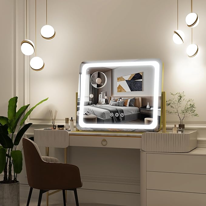 FENNIO Gold Vanity Mirror with Lights 22"x19", LED Lighted Makeup Mirror, Large Makeup Mirror, Make up Mirror with Lighting,Touch Screen with 3-Color Lighting,Dimmable,for Vanity Desk Tabletop