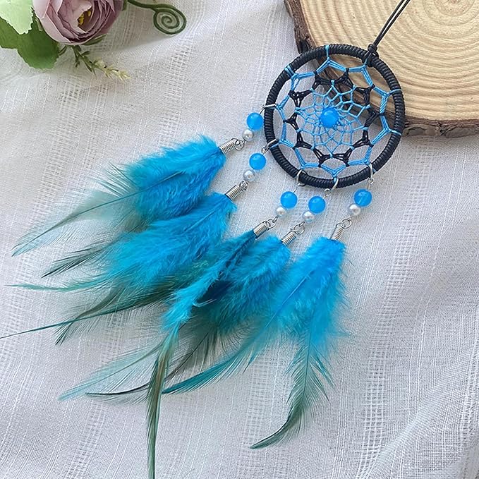 Rear View Mirror Accessories Small Dream Catcher for Car, Turquoise Blue Mini Dreamcatcher for Rearview Mirror Hanging