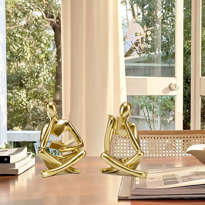 Prettidecor Thinker Statue Set of 2, Abstract Art Reading Sculpture Figurine, Modern Aesthetic Home Decoration for Living Room Bedroom Office Shelves Coffee Table Desk Bookshelf Decor (Gold)
