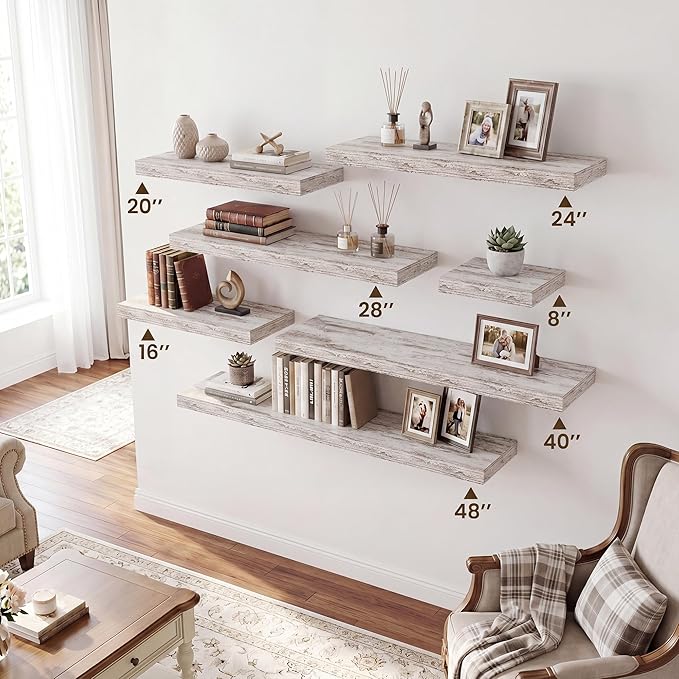 RICHFOCUS 40Inch Floating Shelves for Wall 2 Pack Shelves for Bedroom|Kitchen|Bathroom|Laundry Room Rustic Wood Wall Mounted Shelf with Invisible Brackets for Books|Storage|Decor, Rustic White