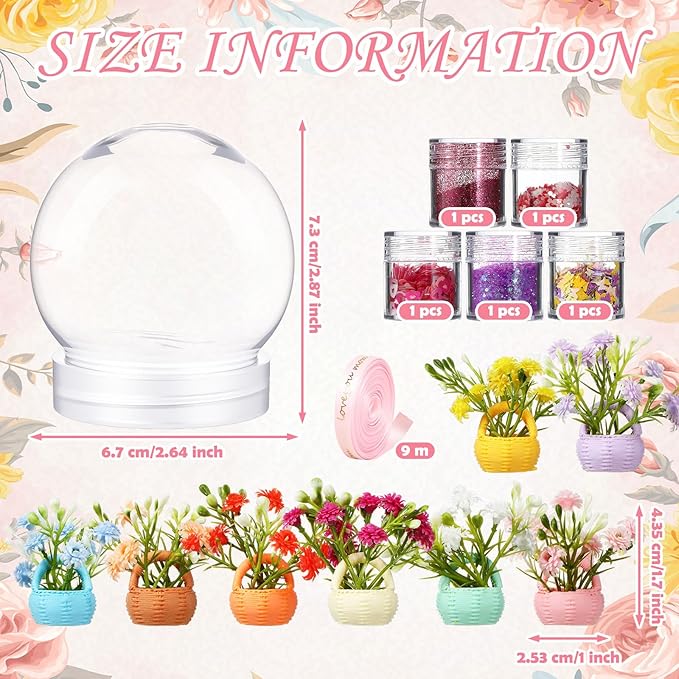 Fiwochic 16 Sets Flower Snow Globes Kit with 16 Clear Plastic Globes, 8 Styles Resin Flower Bouquets, Bottles Glitter, Mini Hot Glue Gun with Glue Sticks and Ribbon for DIY Crafts