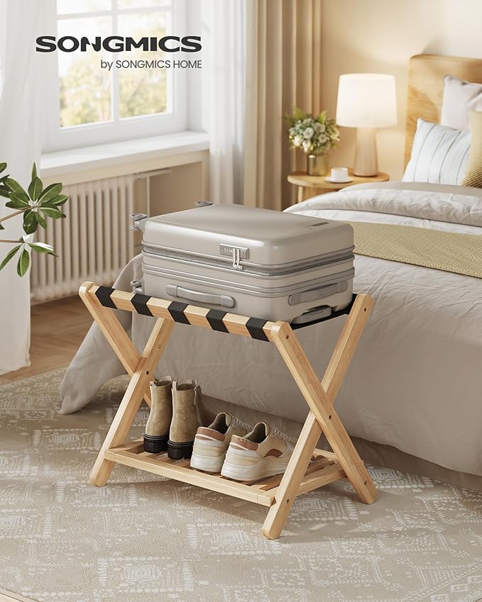 SONGMICS Solid Wood Luggage Rack, No Assembly Required, Foldable Suitcase Stand, Luggage Holder, with Storage Shelf, for Guest Room, Hotel, Bedroom, Natural Beige URLR020N02