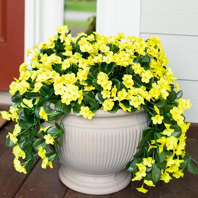 Artificial Faux Hanging Plants Flowers for Outdoor Spring Summer Decor, 2 PCS Fake Silk Yellow Daisy Long Vines Orchid UV Resistant Realistic Mums for Outside Home Porch Patio Balcony Planter