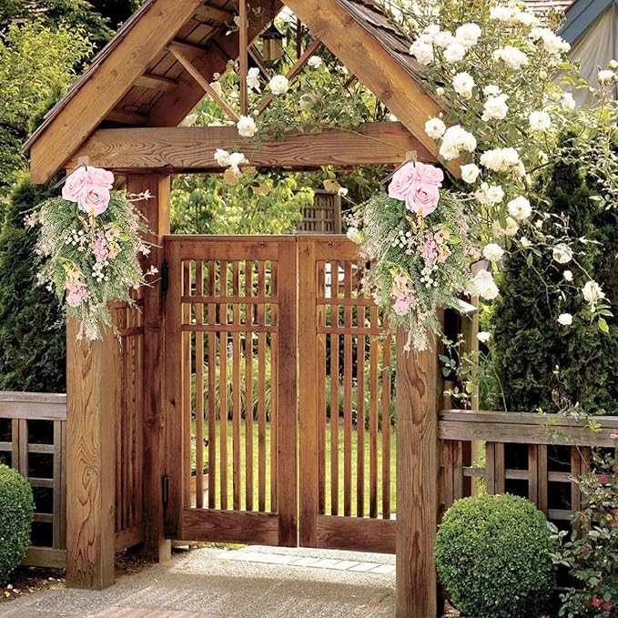 Artificial Floral Swags, 20inch Spring Teardrop Swag, Decorative Floral Swag with Rose Flowers and Berries, Artificial Rose Flower Swag Wedding Arch Flowers Floral Arrangement