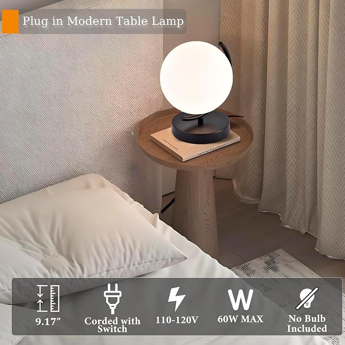 Modern Globe Table Lamp - 7.1" Opal Glass Shade, Black Metal Base - Mid Century Small Lamp for Bedroom Nightstand, Office Desk - Plug-in with 5.9FT Cord & On/Off Switch-Decorative Bedside Table Light