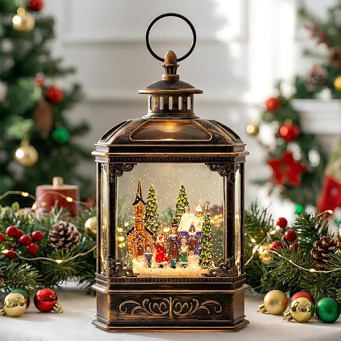 Christmas Snow Globe Lantern Water Glittering Town Home with Carolers, Music & Timer, USB Lined/Battery Operated Lighted Lantern for Christmas Festival Decoration Gifts