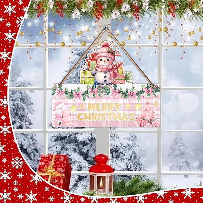 1PCS Merry Christmas Wall Hanging Sign, Pink Wooden Sign for Front, Chrismas Theme Welcome with Snowman, Perfect for Winter Farmhouse Garden Porch Wall Decor (Christmas Door Sign)