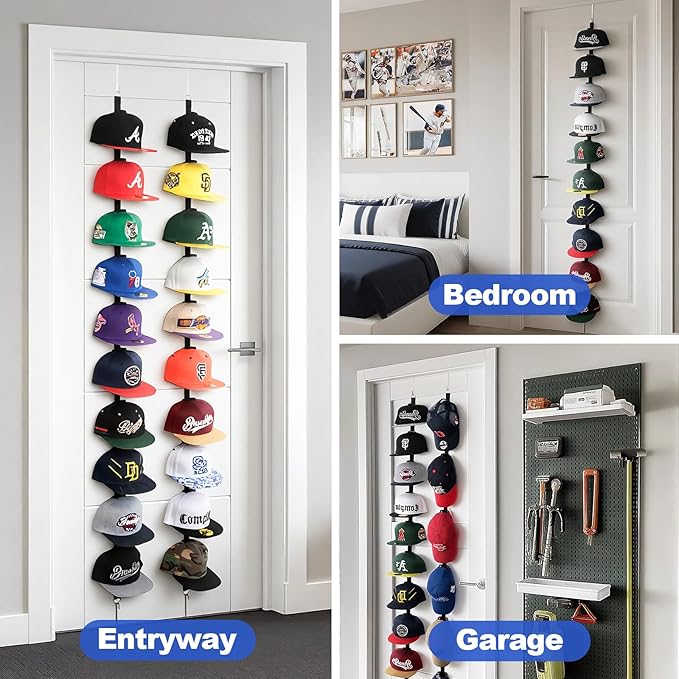 Hat Rack for Door - Two-Way Hanging Caps with Display Hooks and Hanger, Hat Organizer for Baseball Caps, Over the Door Hat Storage Organizer for Bedroom, Entrance or Garage Doors - 2 Packs