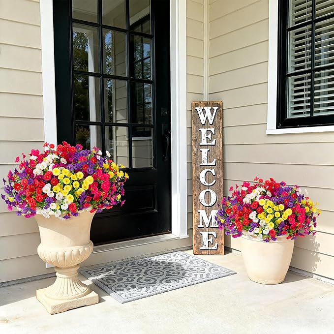 Artificial Flowers for Outdoors Decoration, 12 Bundles Fake Plastic Flower Plant, Faux Colorful Silk Morning Glory Petunias for Spring Summer Outside Garden Porch Front Door Decor, Six Mixed
