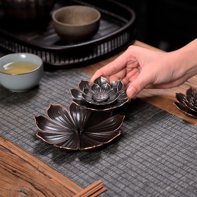 GARMOLY Large Incense Holder for Sticks Anti-Ash Spilling, Brass Lotus Incense Stick Holder and Detachable Ash Catcher