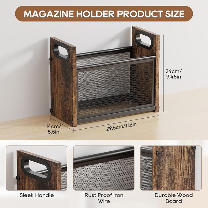 Magazine Holder, Magazine Rack Floor, Rustic Magazine Storage Basket, Farmhouse File Storage Basket Box Bin Folder Organizer Stand for Letters, Magazines, Books, Newspapers