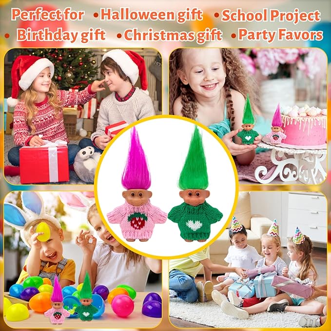 Retro Vintage Lucky Troll Dolls Assorted Hair Colors Chromatic Adorable for Collections, School Project, Arts and Crafts, Party Favors (Green)