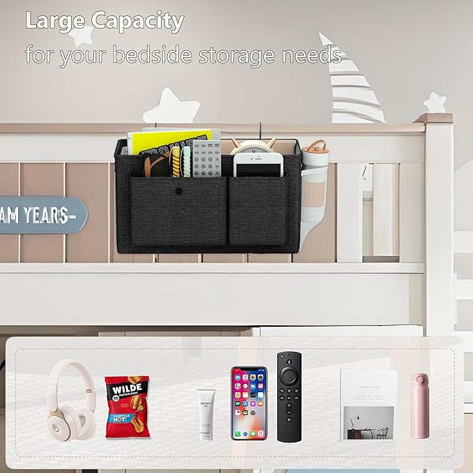 Edudif Bedside Caddy Bedside Organizer with Fixed Straps & Water Bottle Holder, Bunk Bed Caddy ideal for Home, Dorm, Hospital, Crib, Versatile Bedside Storage Solution